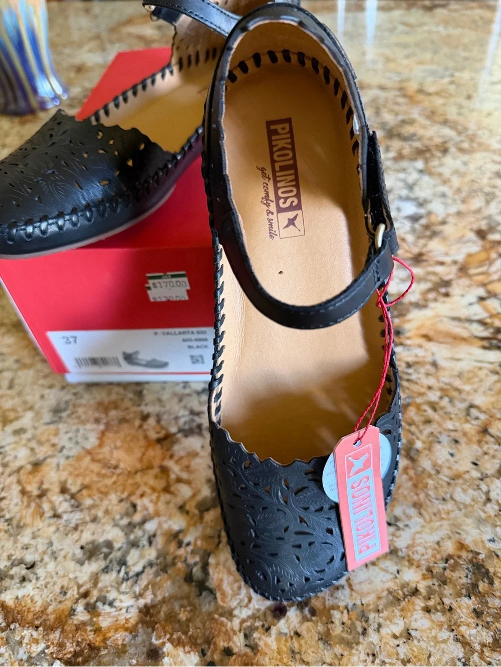 PIKOLINOS Black Laser-Cut Leather Sandal Puerto Vallarta Mary Jane - Picture 3 of 5